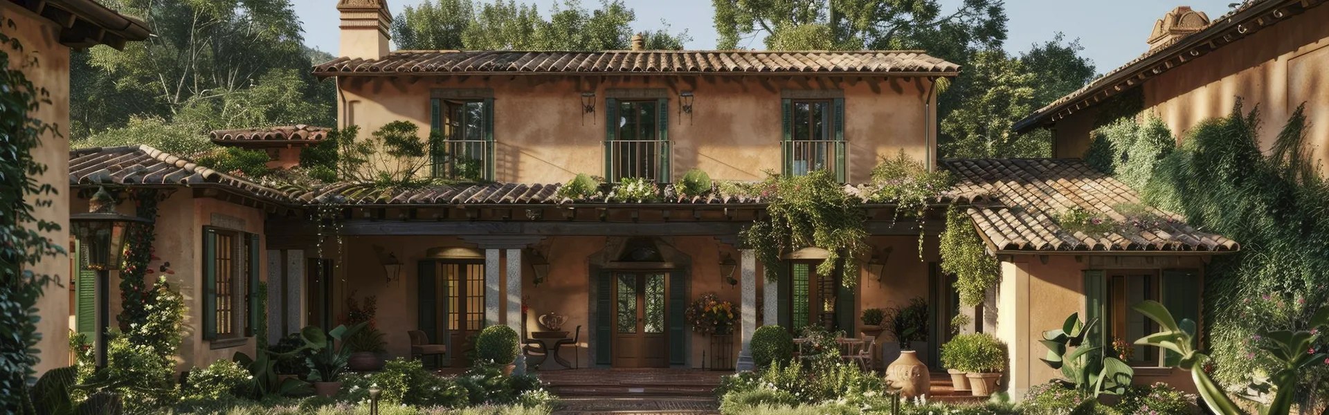 fachada finca con piedra y madera con plantas